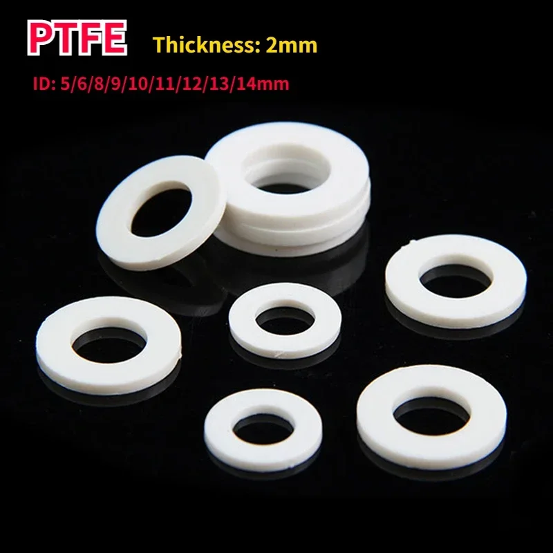 

50Pcs Thick 2mm PTFE Flat Gasket ID 5/6/8/9/10/11/12/13/14mm High Temperature Resistance Plastic King Flange Seal Washer