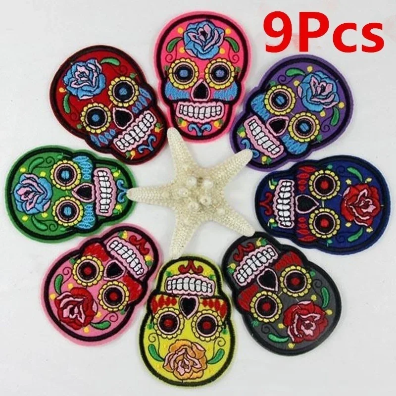 9Pcs/set Of DIY Multicolor Skull Clothing Patch Fashion Jeans Embroidery Fabric Badges In Random Colors