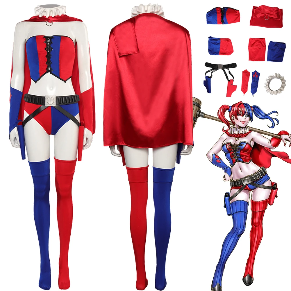 

Super Villain Cosplay Quinn Costume Pants Tank Top Cape Outfit Girls Women Adult Halloween Carnival Party Disguise Roleplay Suit