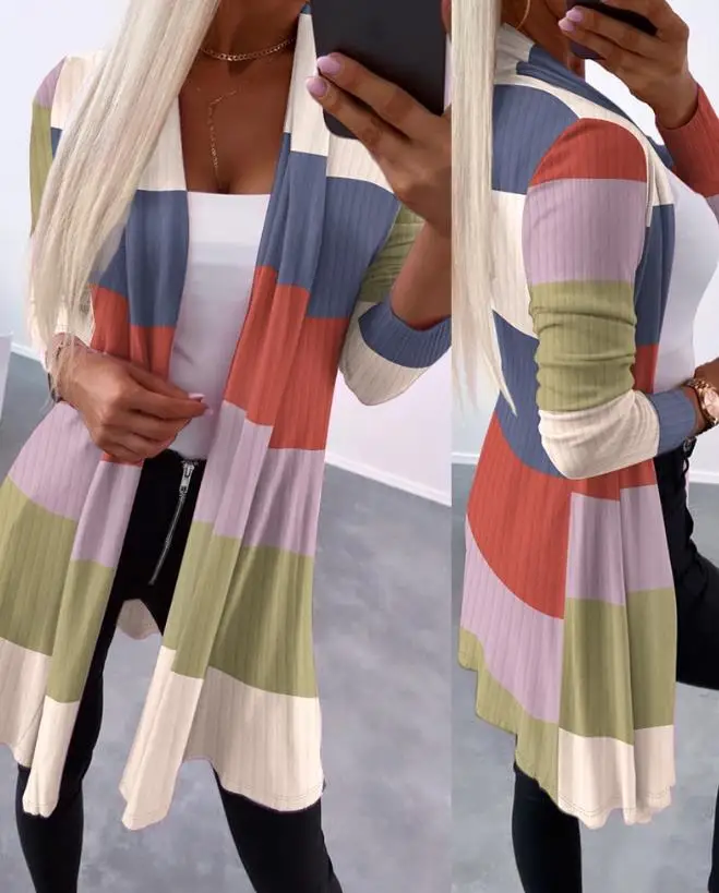 

Female Fashion Striped Open Front Longline Coat Women's Casual Clothing Women Daily Long Sleeve Cardigan