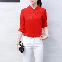 

Fashion Women Shirts Blouses Chiffon Solid Long Sleeve Blouse Spliced Folds Polo-Neck Womens Tops 2022 Spring OL Female Clothing