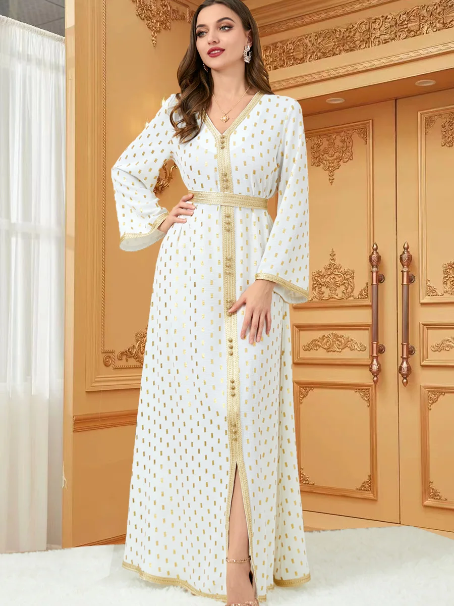 Gold Stamping Jalabiya Kaftan Dresses For Women Abaya Dubai Casual Loose  Arabic Muslim Dress Moroccan Party Vistidos Mus size M Color White