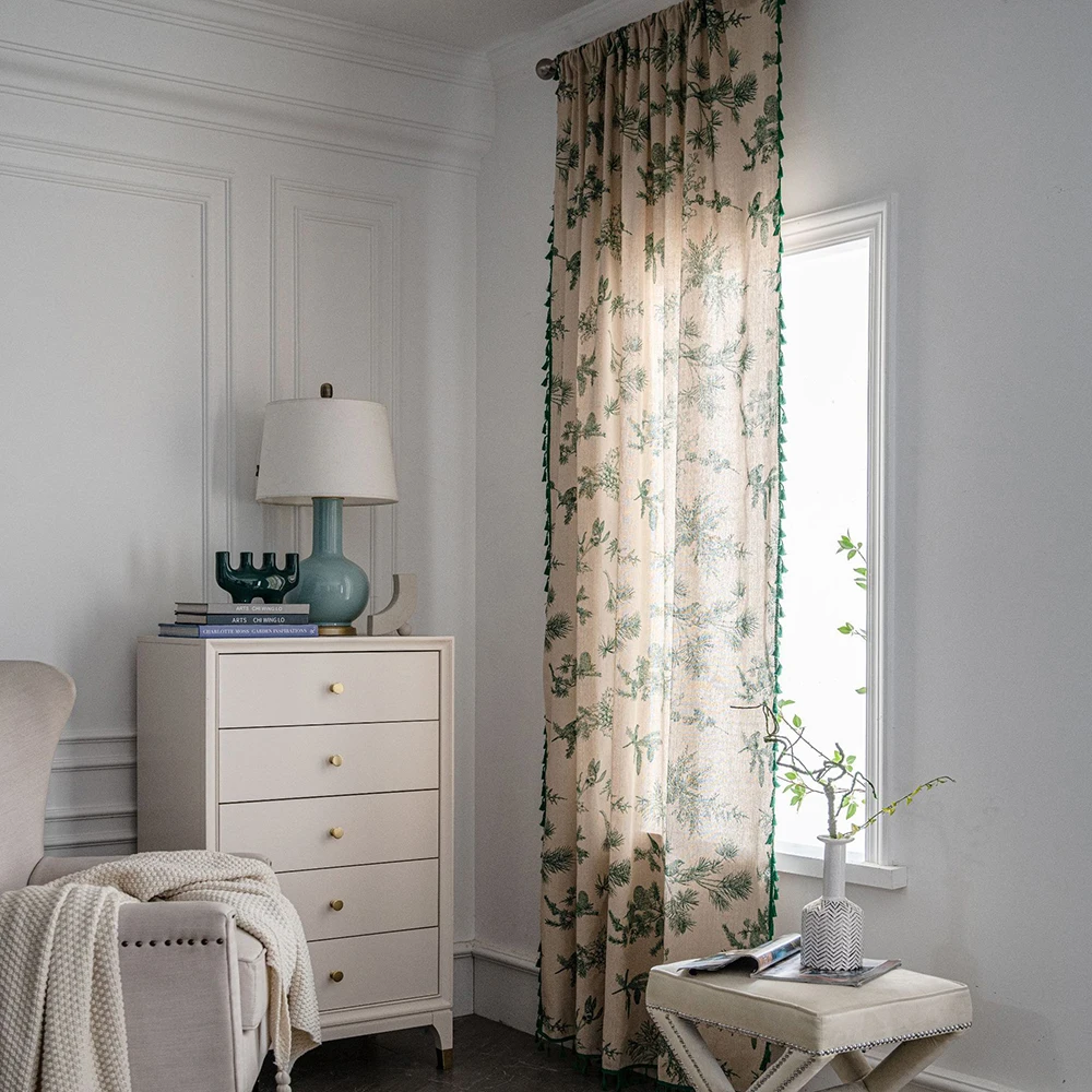 

Pastoral Style Curtain Linen Floral Printed Floor Curtain with Tassels Threading Rod for Home Decor French Window Decorative
