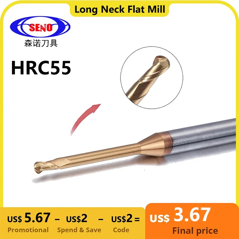 

SENO 1PCS Milling Machine HRC55 Extra Long Ball Nose End Mill 2 Flutes Woodworking Tools CNC Finishing Machining Endmills