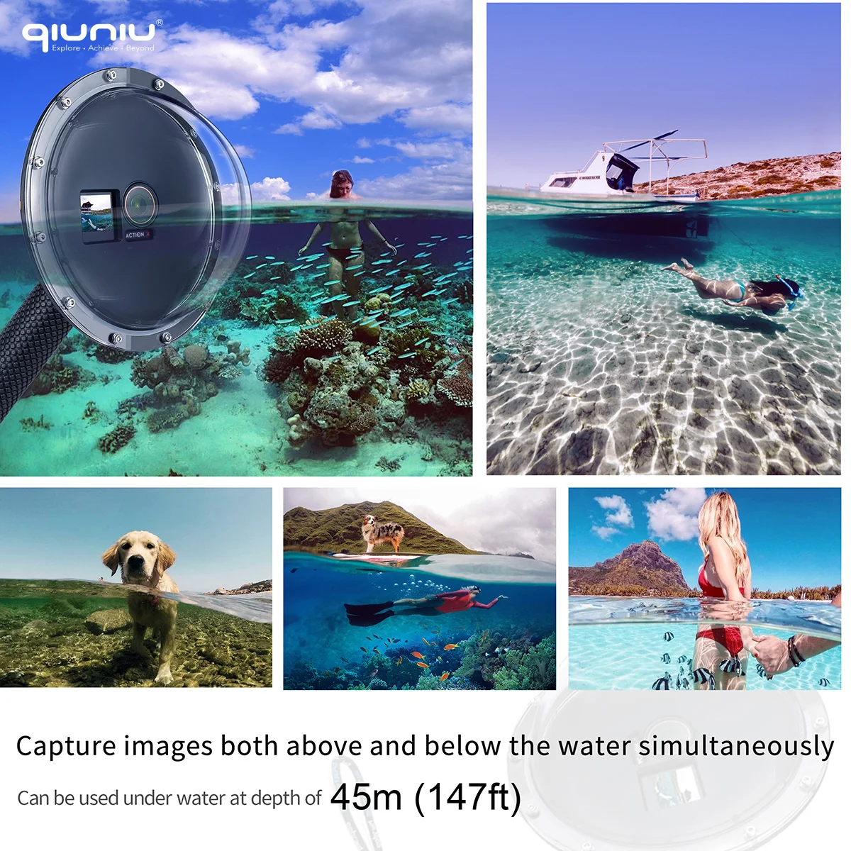 QIUNIU 45m Waterproof Dome Port for DJI Osmo Action 3/4/5 Camera