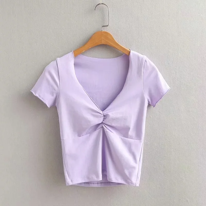 

Summer V-neck low-cut pleated stretch slim high waist solid color short-sleeved shirt white