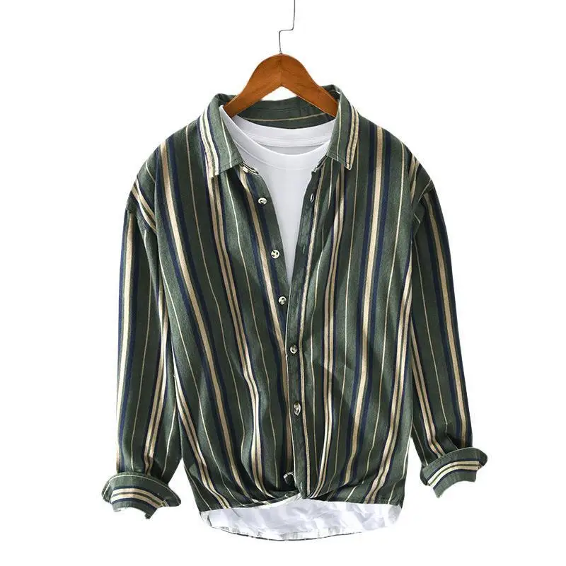 Retro Chic New Spring Autumn Men's Cotton 100% Striped Shirts Long Sleeve Loose Casual For Men Turn-down Collar Clothing