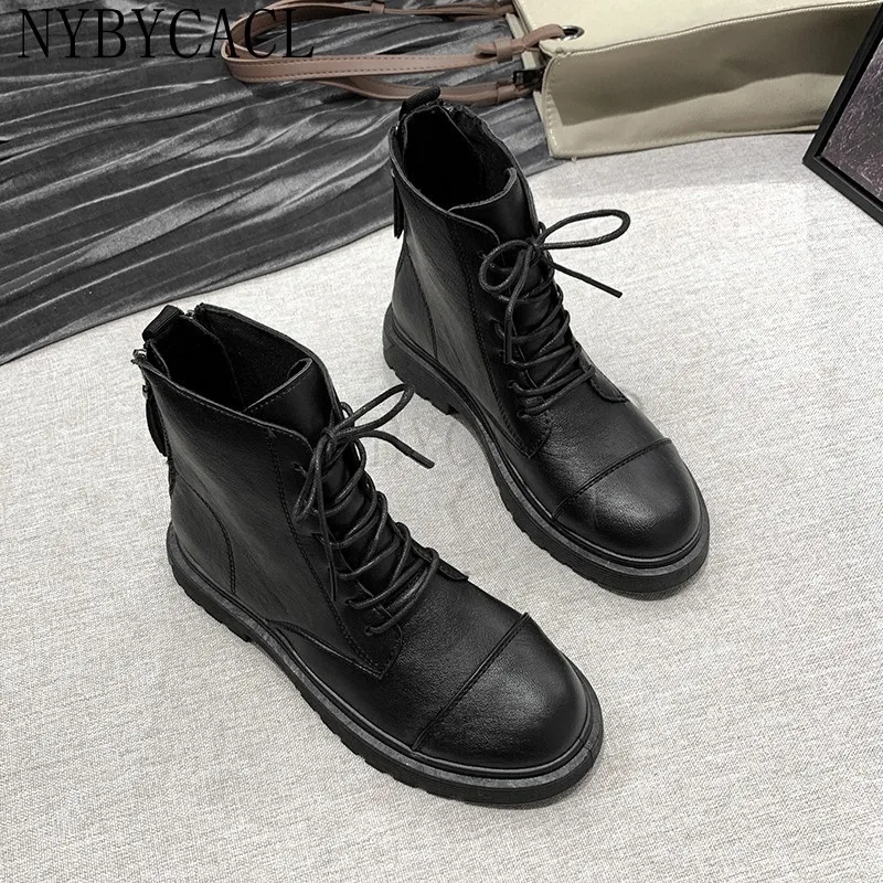 Black Boots Women's Cow Leather Shoes Platform Chunky Boots Lace Up Ankle Boots Winter Autumn Zip Shoes Brand 2022 New