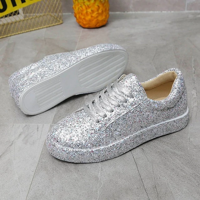 NEW Brand Women Fashion Casual Glitter Sparkling Sneakers Women Encrusted  Lace Up Shoes White Sole Fashion Street Sneakers Shiny