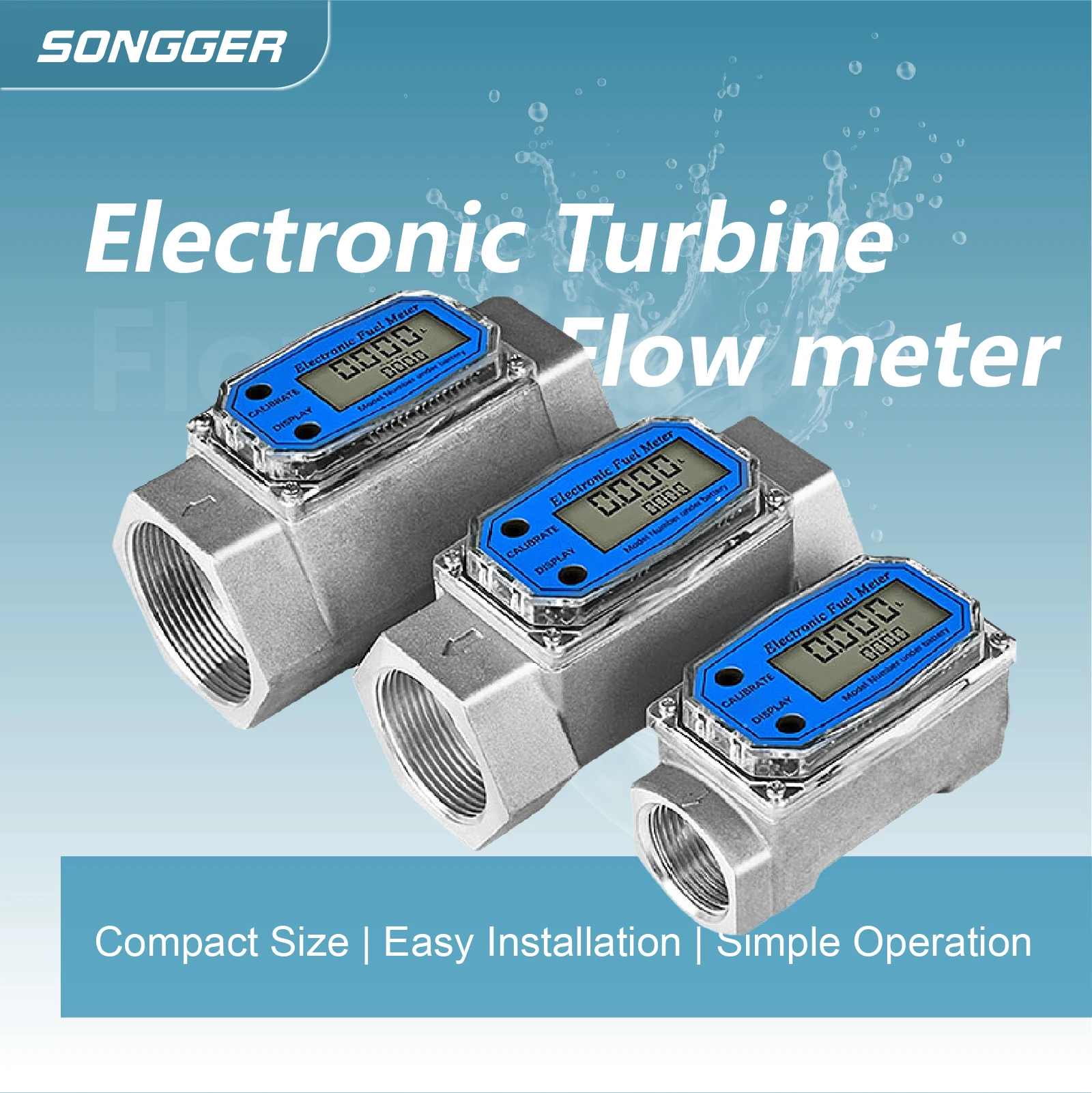 Electronic Turbine Flowmeter Digital Fuel Diesel Water Liquid Inline Pipe Flow Meter with LCD Display