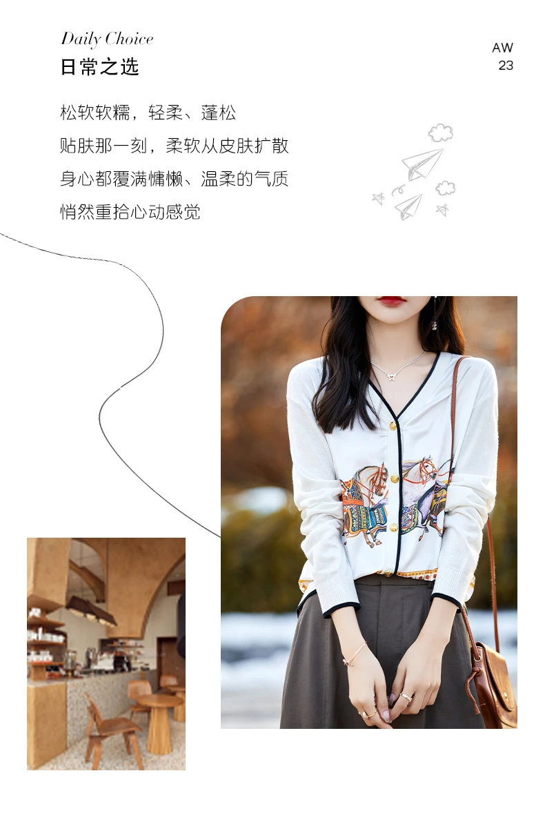 Spring Autumn Women 100% Wool Silk Stitching Sweater New V-neck Printing Cardigan Casual Knitted Soft Jacket Slim Warm Tops