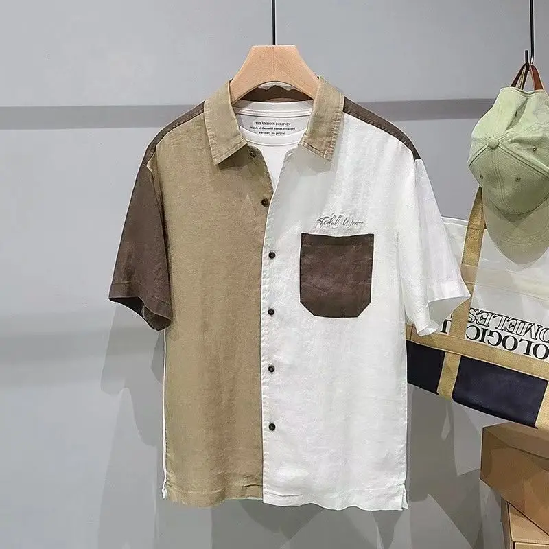 2024 Summer New Men's Colored Linen Button Shirt Loose Large Casual Patchwork Top Japanese Thin Trendy Short Sleeved Shirt
