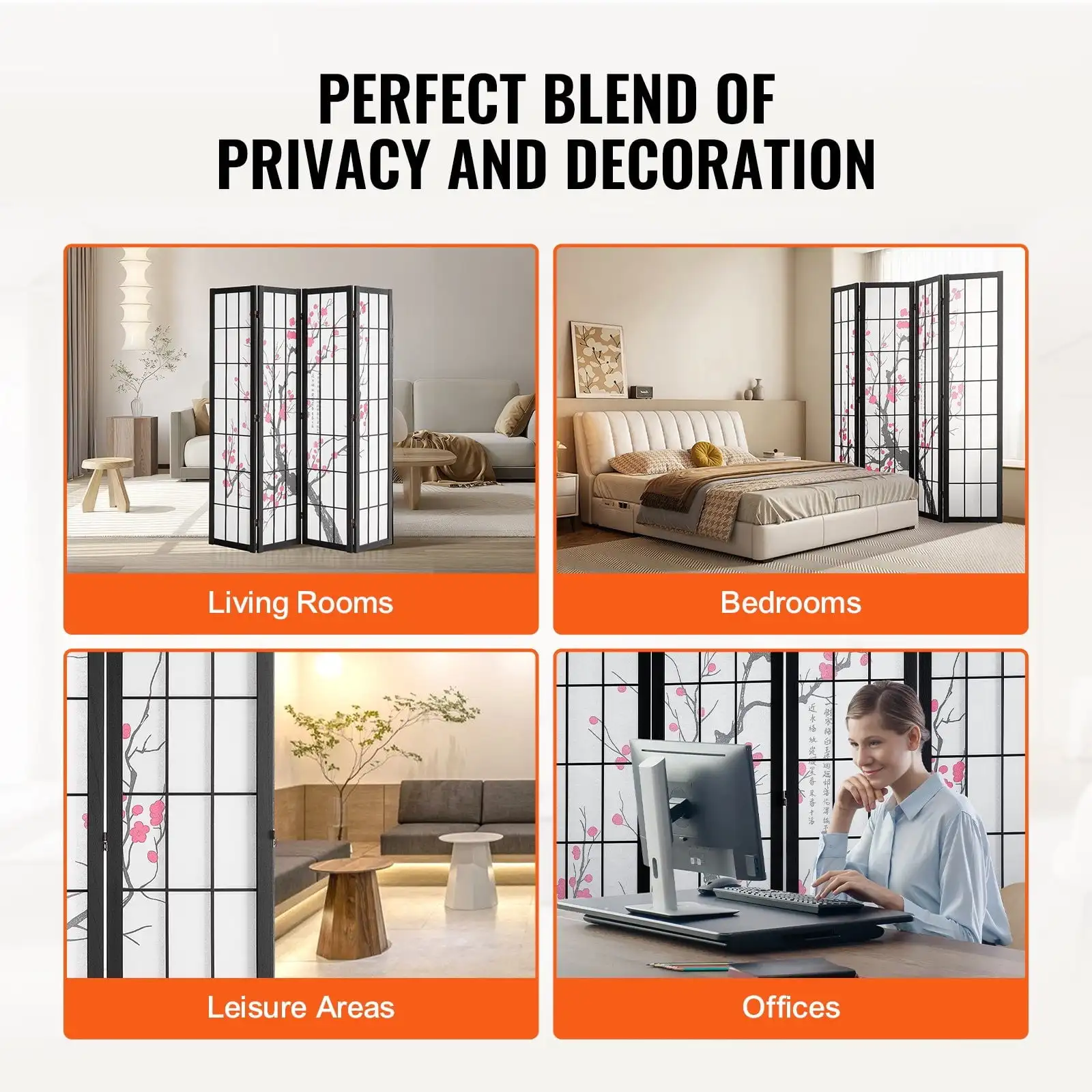 Room Divider, 4 Panel Japanese Room Divider Screen, Wood Folding Privacy Screen Indoor 5