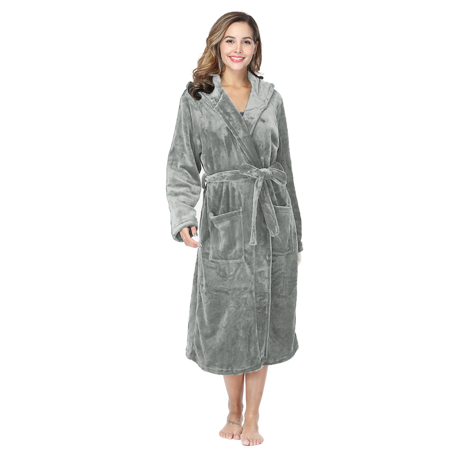 Womens Solid color Hooded Bathrobe Ladies Fleece Plush Warm Long Robes Fleece Nightgown Sleepwear-women sleepwear,sleepwear pajamas
