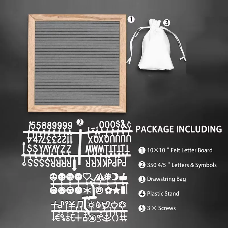 Square Felt Letterboard with Drawstring Bag, Oak Wood Message Board, 460 Plastic Letters Easel, Home Decor, 10x10 Inch, 1Pc