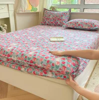 Bedding Set 100% Cotton Fitted Sheet + 2pc Pillowcases Bed Sheet Soft Rabbit Flower Print Single Double Queen King Cal-King Size 1