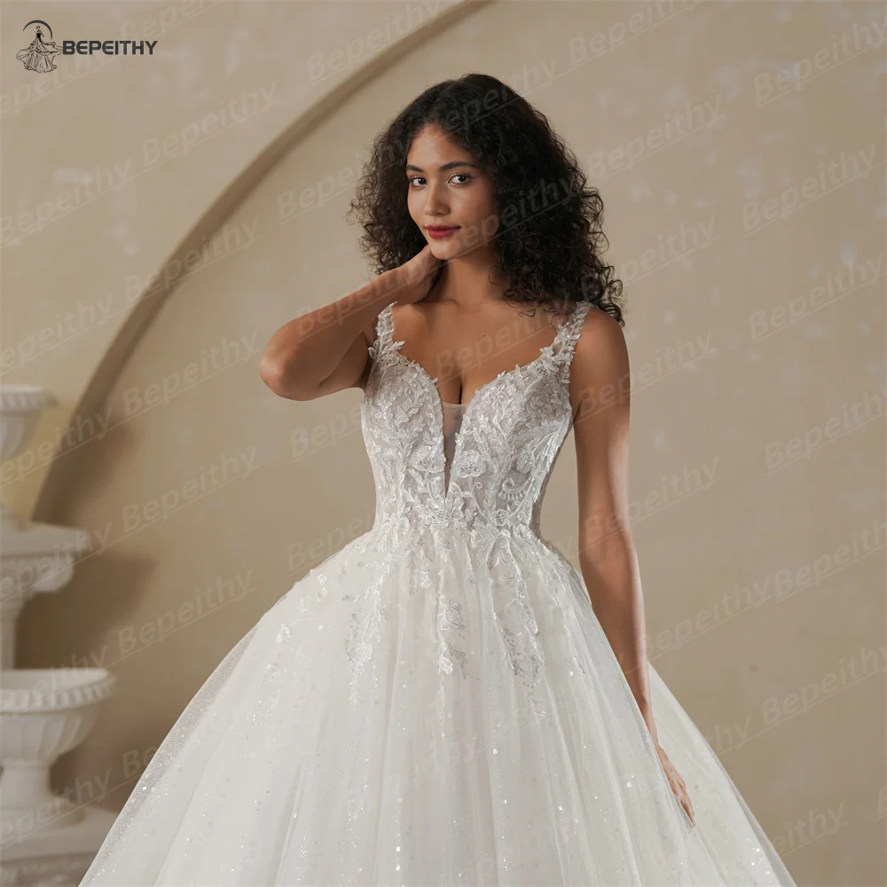 BEPEITHY Customized V Neck Bride Shinny Wedding Dresses 2025 Spring Sleeveless Ivory Sexy Low Back Bridal Lace Gown Vestidos 3
