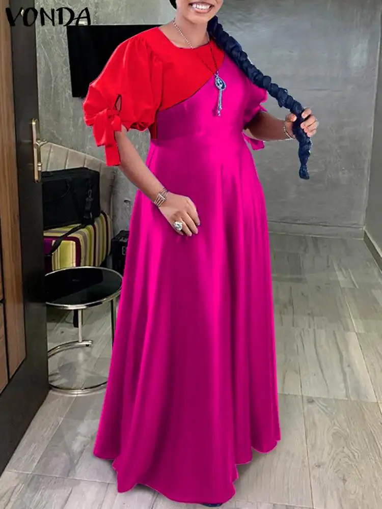 

Summer Bohemian Maxi Sundress VONDA Satin Dress 2023 Women Puff Sleeve Party Vestidos Casual Color Patchwork Elegant Long Robe