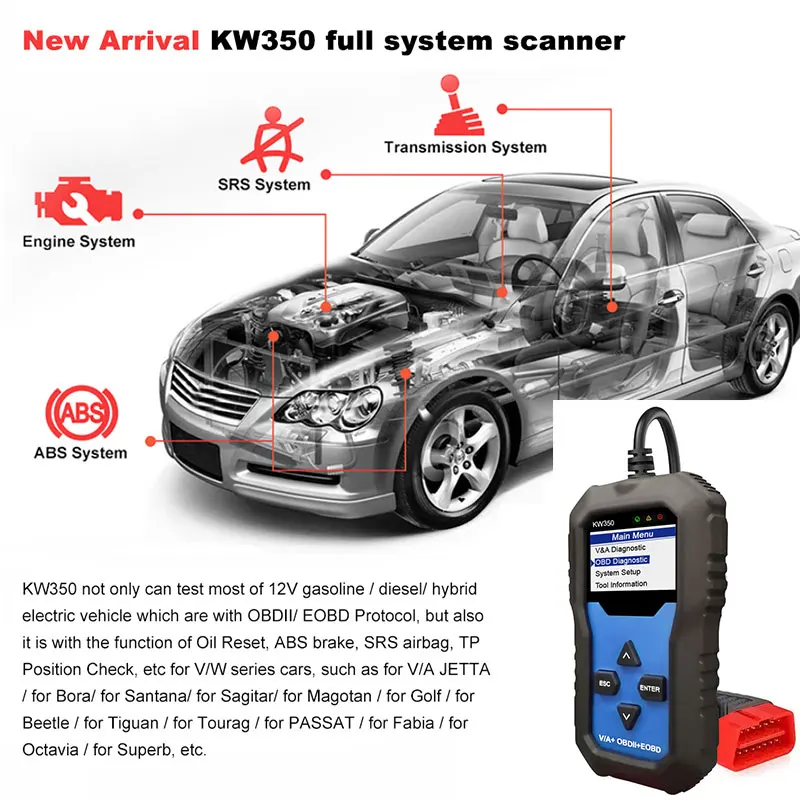 KONNWEI KW350 OBD2 Car Code Reader Scanner Auto Diagnostic Tools for VAG Full System ABS Airbag Oil Light Reset EPB