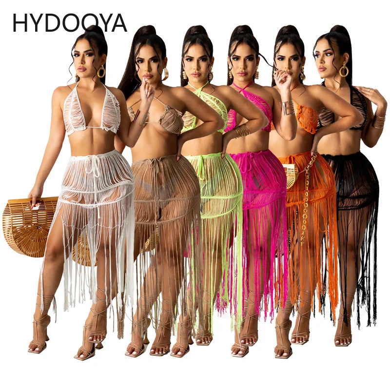 Women Crochet Beach Two Piece Set Dress Lace Up Halter Bra Top Tassel Hollow Maxi Skirt Casual Vocation Suit Swimwear Cover-Ups