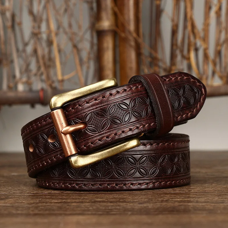 

3.3CM Thick Pure Cowhide Copper Buckle Genuine Leather Casual Jeans Belt Men High Quality Embossing Luxury Male Strap Cintos