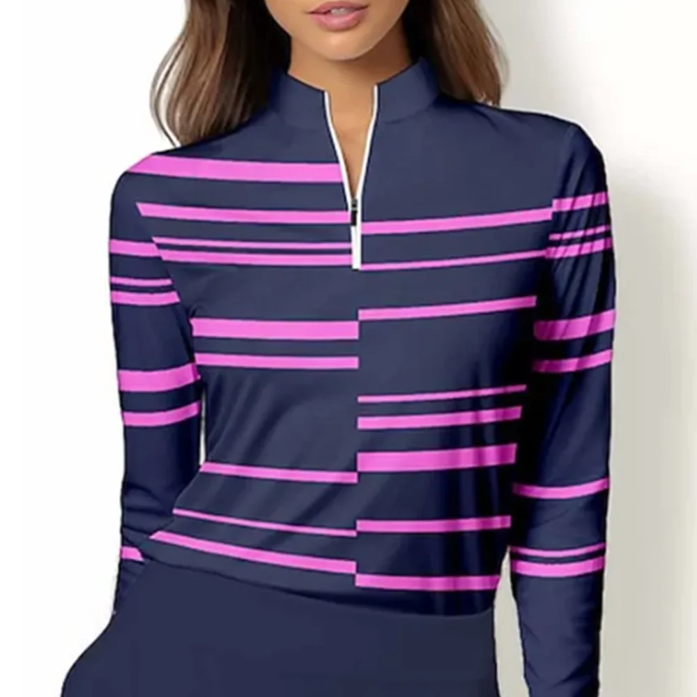 Women's long-sleeved golf shirt, moisture-absorbing quick-drying striped tennis shirt, autumn and winter, new style.