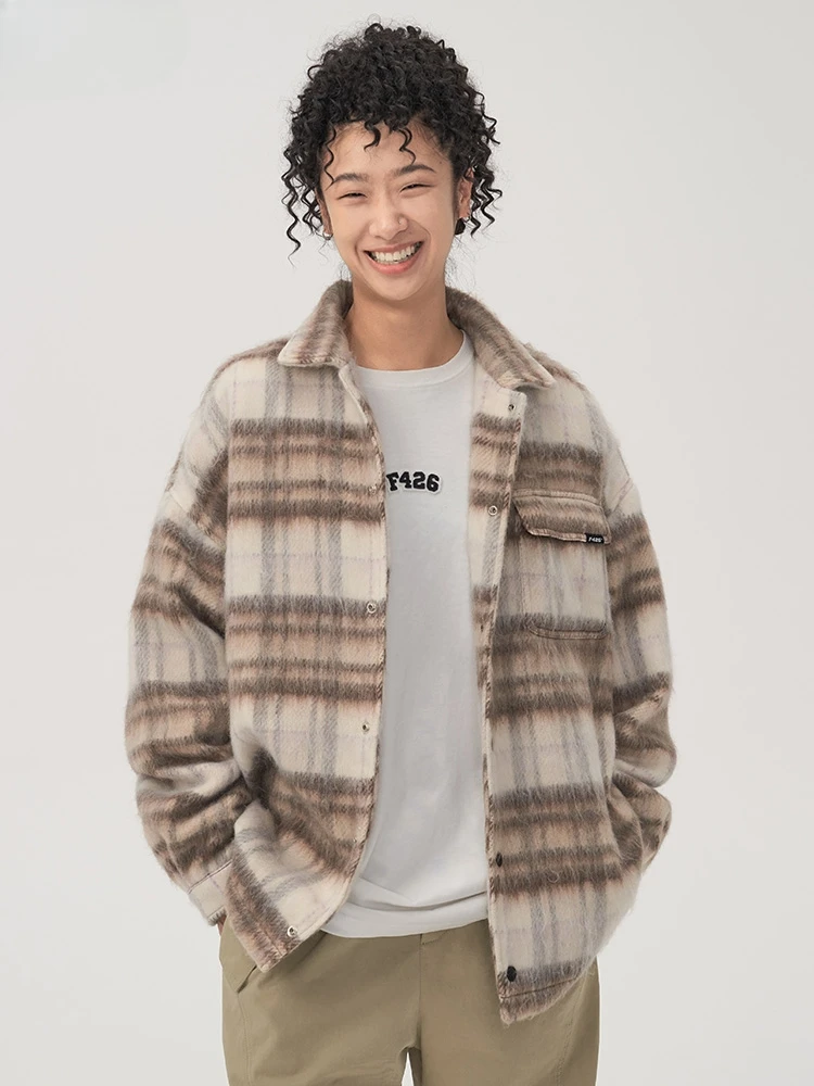 Jacket Men's  Women's Same Single-Breasted Pure Cotton Color Matching American Retro Street Loose Long Woolen Plaid Coat Spring