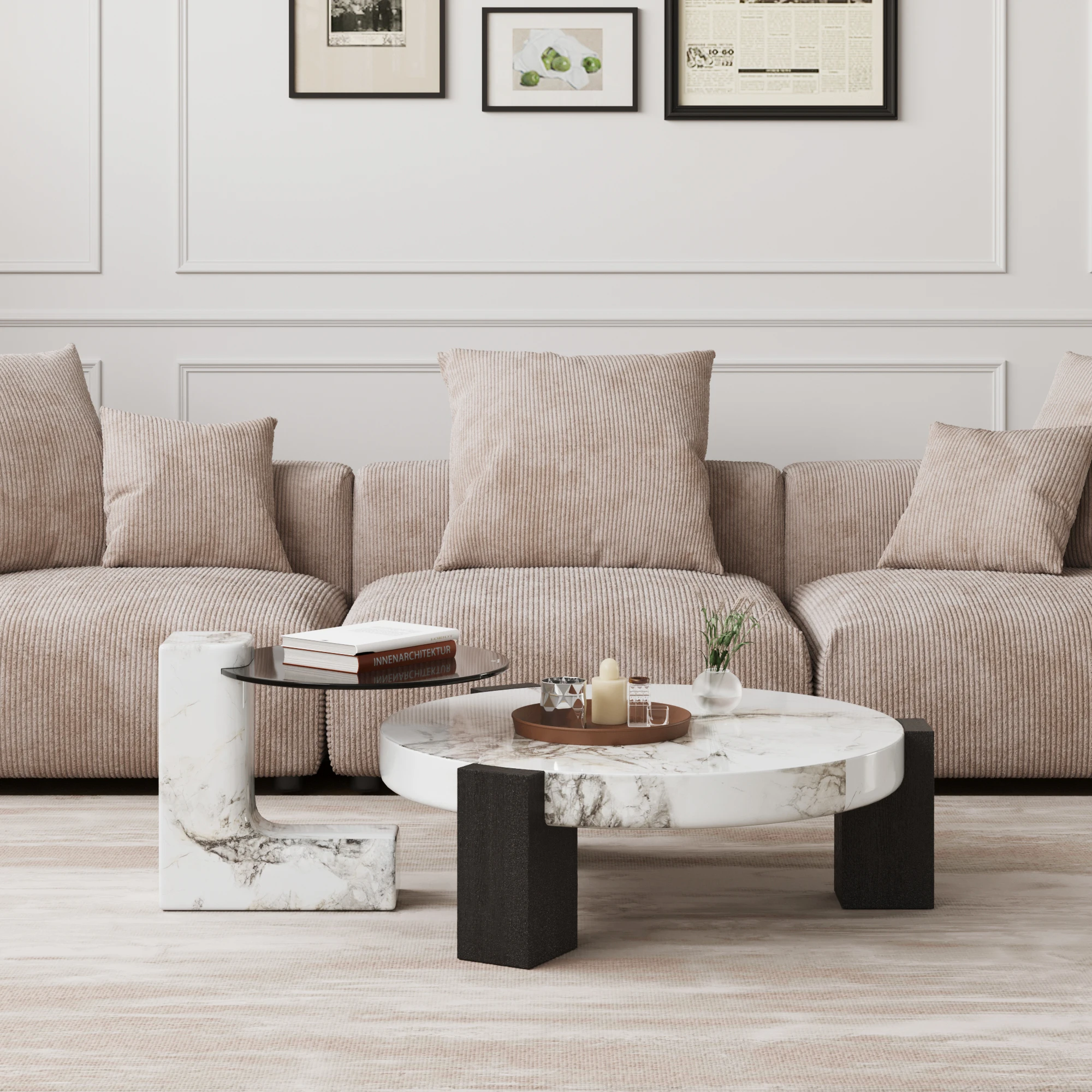 Atunus Italian Marble Coffee Table Living Room Light Luxury Size Round Combination Center Coffee Table Living Room Set