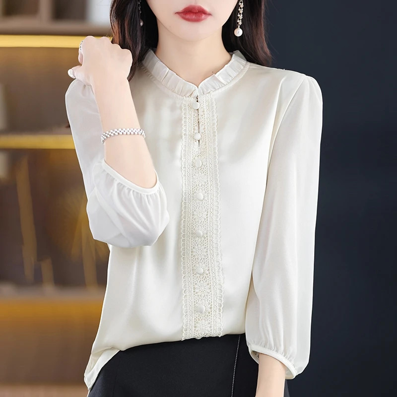 

Silk Women T-Shirts Spring Summer O-Neck Three Quarter Sleeve Tees Casual Solid Color Bottom Beading Loose Female Tops Pullover