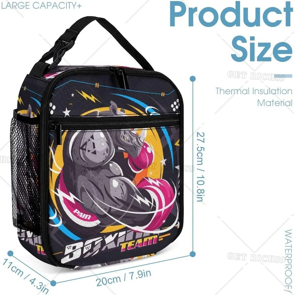 Strong Rhino Boxer Boxing Kangaroo Reusable Lunch Bag Portable Large Capacity Lunch Box for Men Women Boys with Bottle Pocket