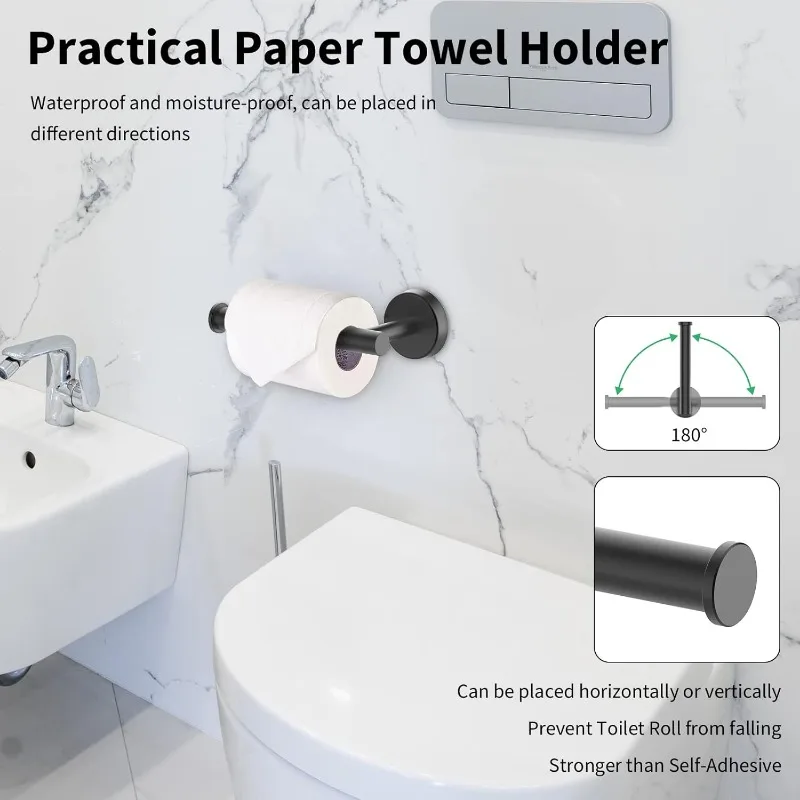 Matte Black Bathroom Hardware Set,Robe Hook,Toilet Paper Holder,5 Piece Bathroom Accessories Set Stainless Steel Wall Mounted