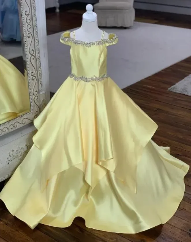 

Long Satin Hot Pink Crystal Pageant Dresses Floor Length Spaghetti Strap Off the Shoulder Formal Kids Flower Girl Dress