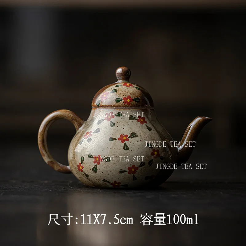 1pcs  Ceramic Teapot Kung Fu Tea Set Japanese Retro Flower Pattern Semi Handmade Underglaze Color tea infuser
