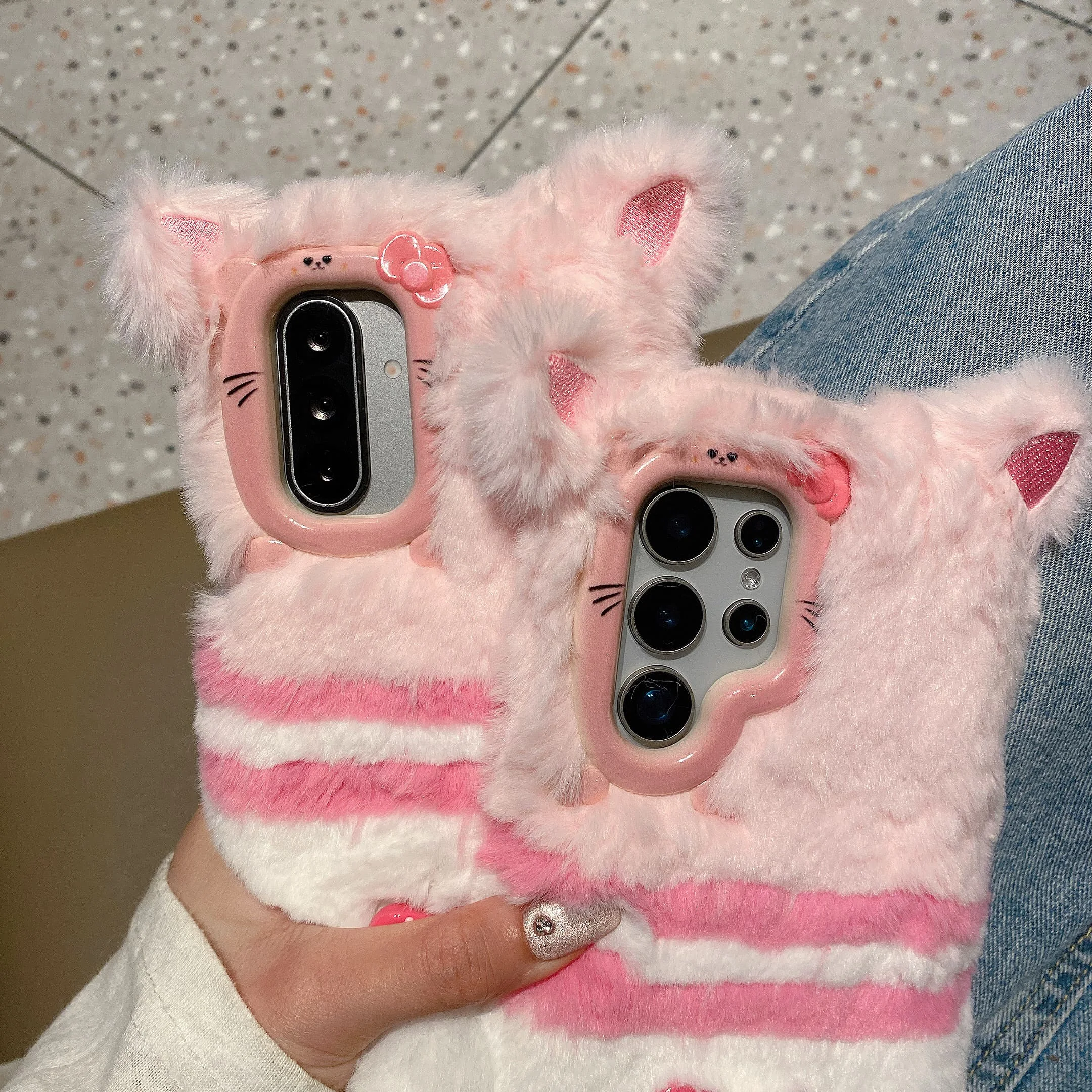 3D Furry Bowknot Kitty Cat Winter Warm Fluffy Soft Fur Case