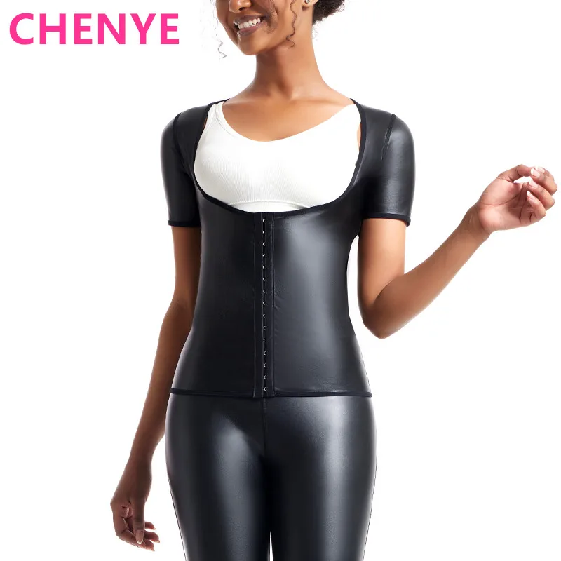 

Women Body Shaper U Neck 3-hook Faux Leather Short Sleeve Fitt Tee Shirt Waist Trainer Corsets Slim Shirt Fashion Shapewear Tops