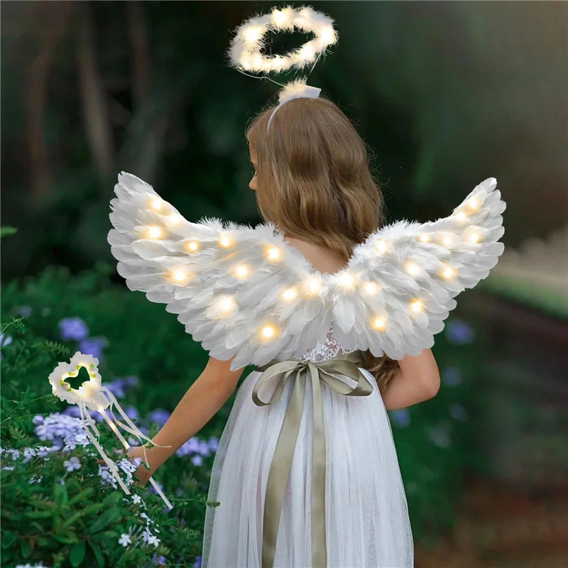 Kit Ailes D'Ange En Plumes Blanches + Auréole Et Baguette - Déguisement Ange Fille 4 Pièces