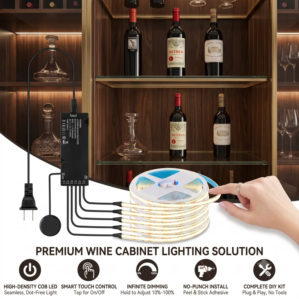 Sync Control Touch Dimming COB LED Strip 320LEDs/M with Black Power Supply for Kitchen Pantry Showcase Bedroom Closet Backlight