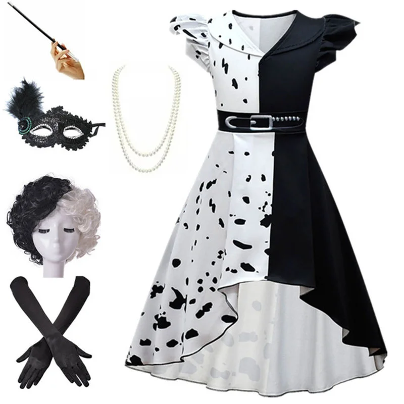 2023 Halloween Child Cruella Costume Masquerade Party Girls Nero Bianco Abito Lungo Con Cape Carnival Kids Cruella Parrucca Maschera Di Pizzo