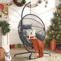 Indoor Outdoor Egg Swing Chair with Stand, Oversized Cocoon-Shaped Rope Woven Hanging Chair W/Cushion, Safety Strap 1