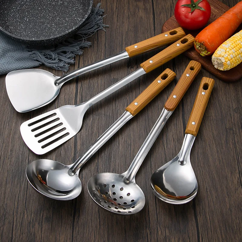 Kitchen Utensils Set Stainless steel anti-scalding handle spatula spoon colander imitation wood grain kitchen utensils set kitchen household cooking