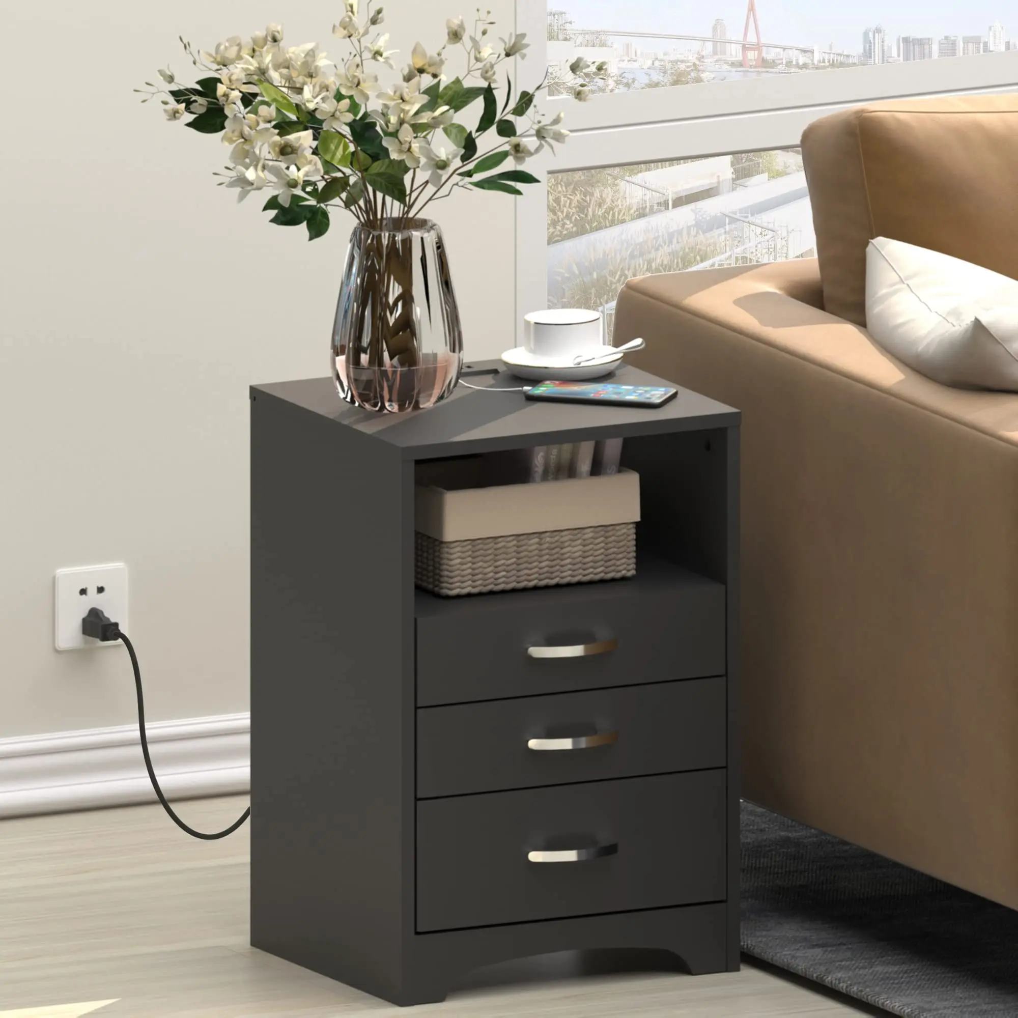 Vabches Nightstand Set of 2 with Charging Station Bedside Table with 3 Drawers & Open Storage Shelf Wooden End Table for Bedroom 5