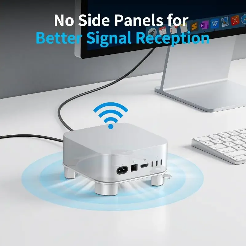 맥 미니 M4 2024용 알루미늄 스탠드, 정밀 맞춤형 쿨링 베이스, 미끄럼 방지 실리콘 발 및 간편한 전원 버튼 접근 기능