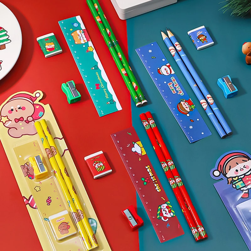 

5Pcs Christmas Stationery Set Cute Pencil Sharpener Eraser Ruler Set Gift For Kids School Office Writing Supplies Stationary