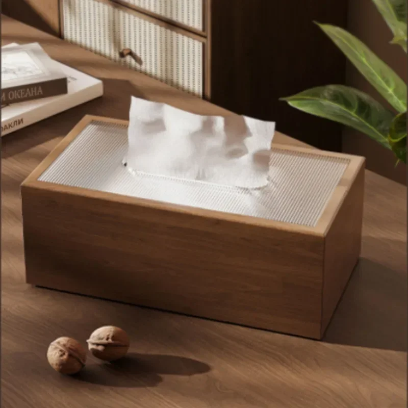 

Custom logo Chinese Style Wooden Desktop Tissue Box High-grade Light Luxury Coffee Walnut Paper Box Acrylic Tissue Paper Box