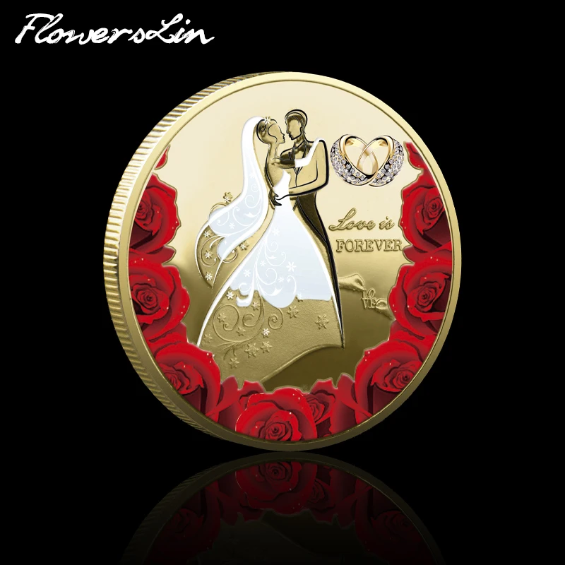 

[FlowersLin] Romantic Love Commemorative Coin Forever Love Lucky Coin Rose Diamond Ring Painted Badge Wedding Anniversary Gift