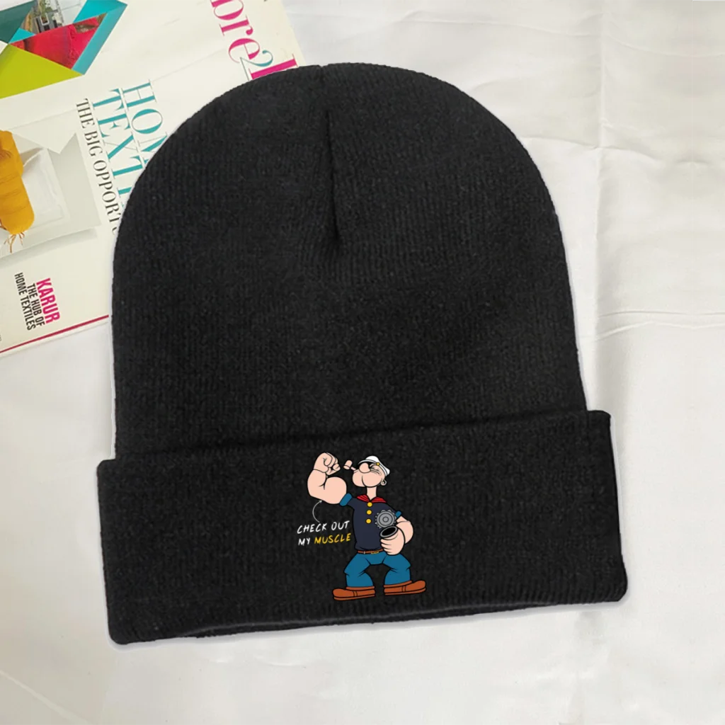 

Popeye the Sailor Olive Cartoon Skullies Beanies Caps Check Out my Muscle Knitted Winter Warm Bonnet Hats Unisex Ski Cap