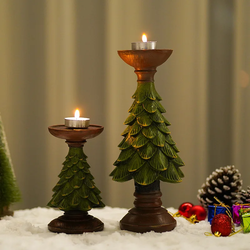 Green Christmas Decorative Ornament Snow Pine Christmas Tree Candle Holder Tabletop Living Room Decoration Christmas Gift
