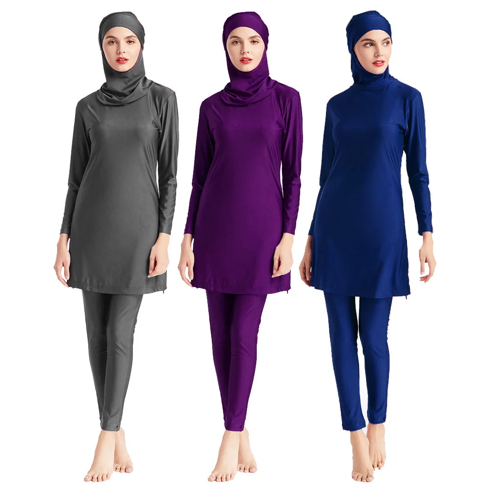 3pcs Muslim Swimwear Solid Color Plus Size S6xl Hijab Long Sleeve