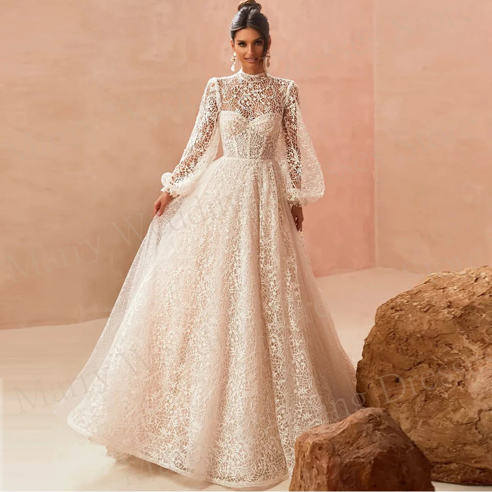 

Boho Modern Exquisite A Line Wedding Dresses Charming Lace Appliques Bride Gowns Long puff Sleeve High Neck Vestidos Novias Boda