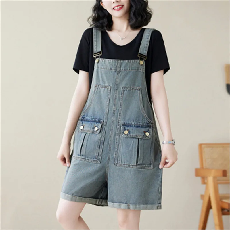 

Romper 2024 Summer New Large Size Pocket Denim Jumpsuits Women Clothes Loose Casual Solid Shorts Playsuit Femme Overall Jumpsuit